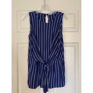 Yarn & Sea Shirt Womens Medium Navy Blue Striped Sleeveless Blouse Top Front Tie